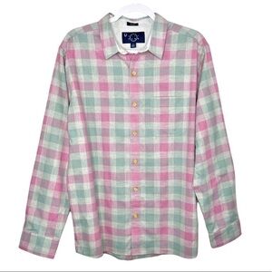 Stitch Fix Even Tide Brushed Cotton Linen Resort Shirt Plaid Pink &‎ Green NWT